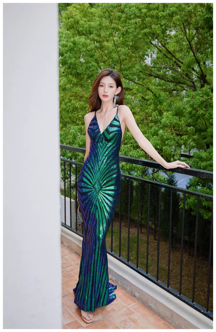 Vintage Green Spaghetti Straps Sequin Mermaid Long Evening Dress Birthday Dress
