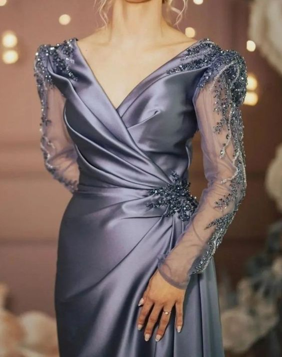 Evening Formal Dresses Long Sleeves V Neck Beaded Elegant Women Wear Prom Dresses
