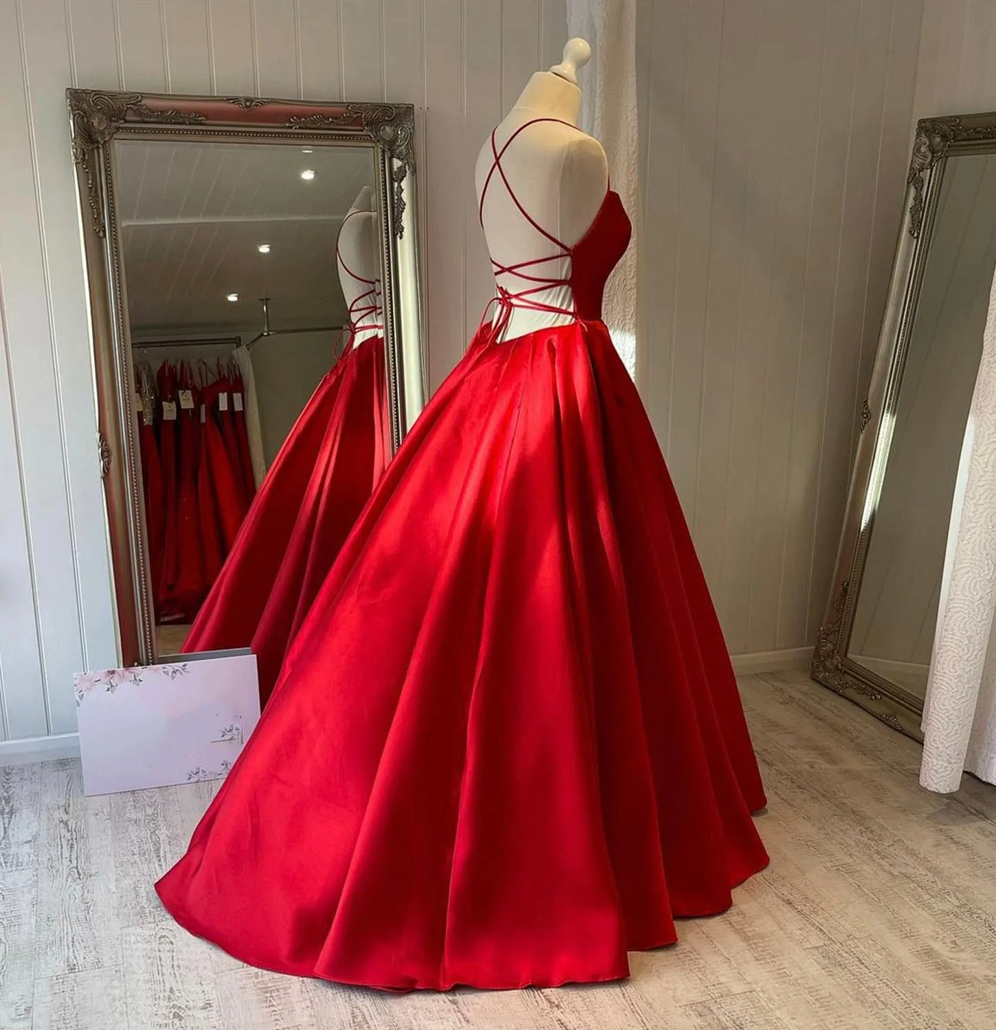 Red satin long prom dress simple evening gown
