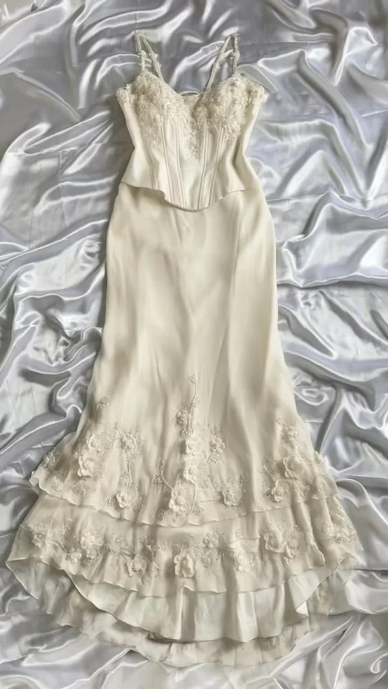 Elegant Straps Chiffon Ivory Long Prom Dress Mermaid Evening Dress