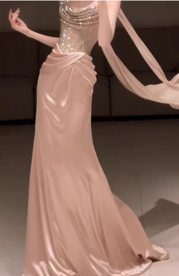 Elegant Strapless Sequin Satin Pleated Mermaid Long Party Dress Birthday Prom Dresses