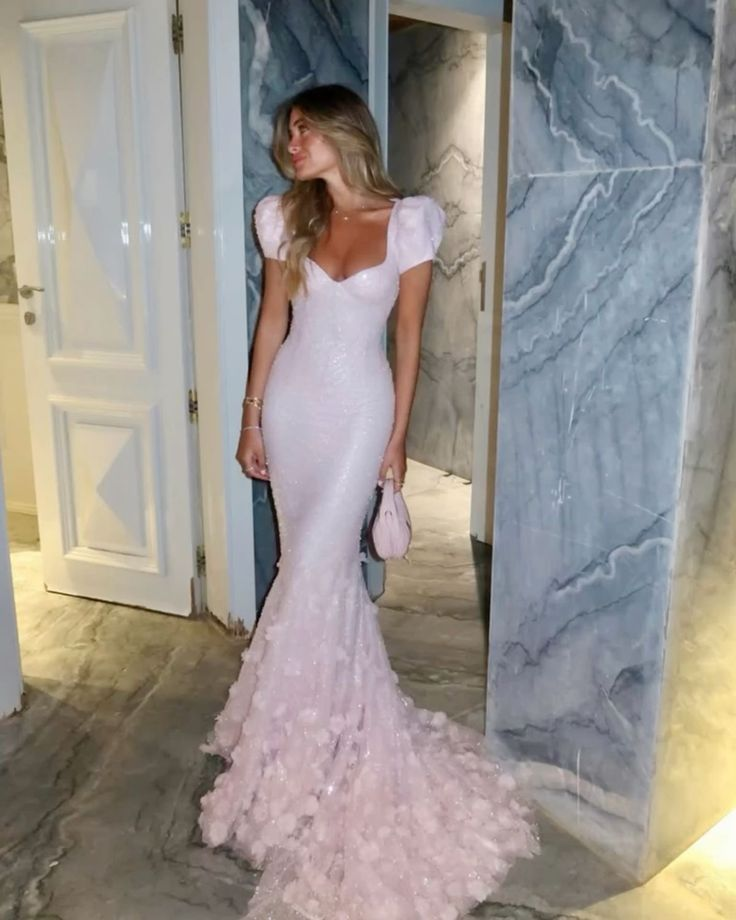 Classy Sweetheart Neck Pink Sequin Appliques Mermaid Prom Dress Long Party Gown