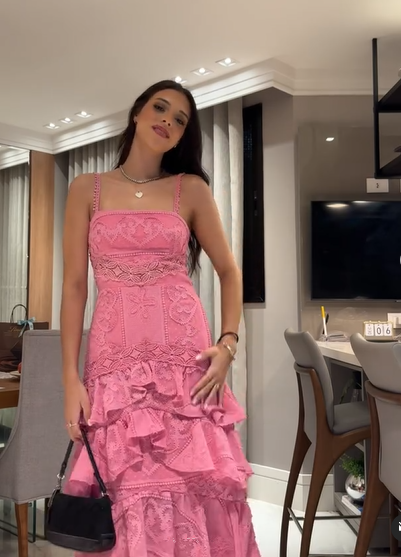 Pink Lace Layered A Line Prom Dress Formal Party Evening Dress