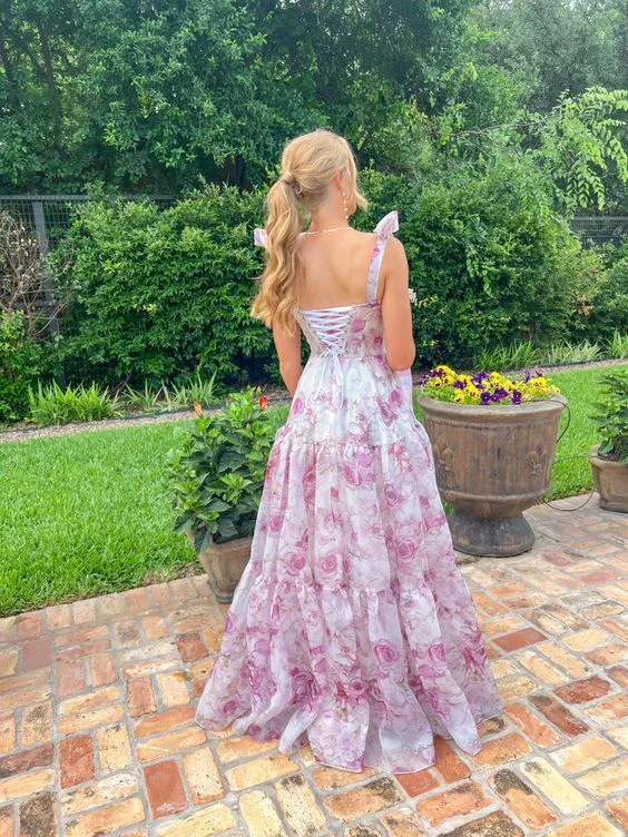 Classy Rose Print Floral Chiffon A Line Prom Evening Dress,Long Party Gown