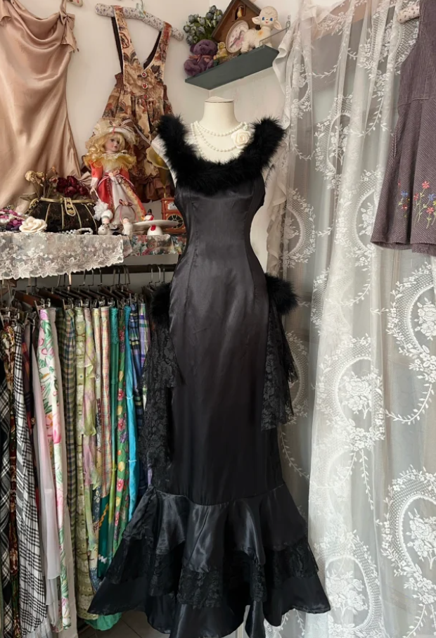 Fashion Black Sleeveless Satin Lace Mermaid Evening Dress Long Birthday Prom Dress Party Gown