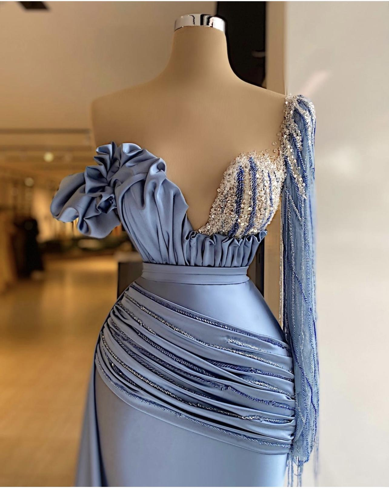 One Shoulder Blue Mermaid Evening Dresses Crystal Long Sleeve Beaded Formal Prom Dress Custom Made Plus Size Pageant Wear Party Dress