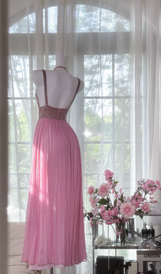 Pretty Pink V Neck Sequin Chiffon A Line Long Wedding Guest Dress Formal Party Dress Prom Dresses