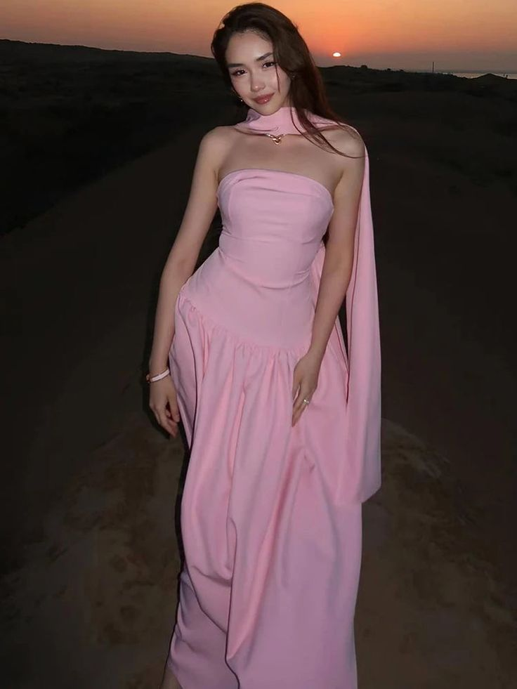 Classy Sleeveless Pink Satin Strapless Long Party Dress Prom Dress With Scarf