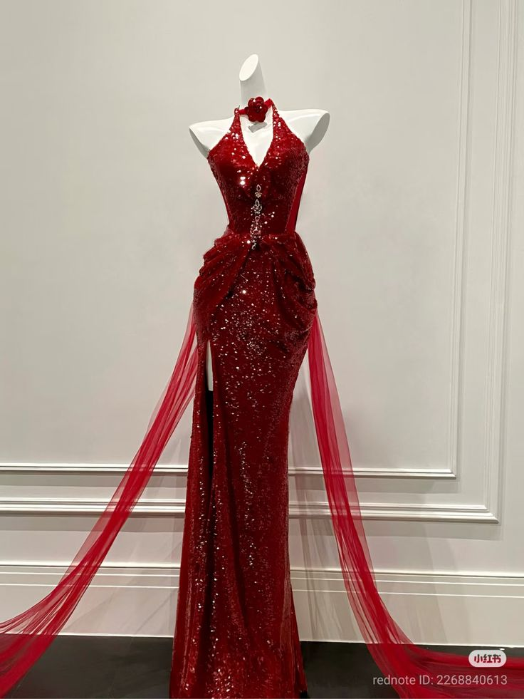 Sexy Halter Red Sequin Mermaid Party Dress Slit Prom Dress