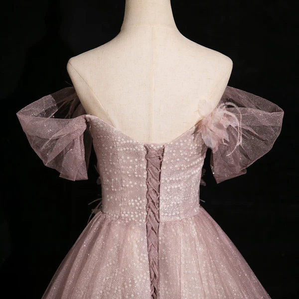 Pink Tulle Sequins Off the Shoulder Butterfly Flower Prom Dress Sweet Ball Gown