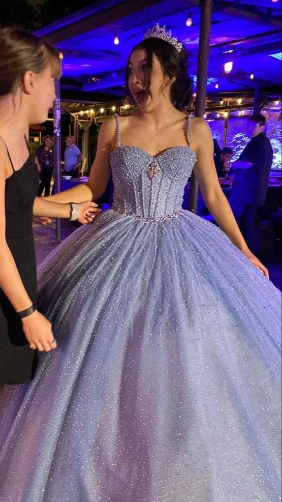 Shiny Spaghetti Straps Blue Tulle Sequin Beaded Formal Quinceanera Dress Sweet 16 Dress