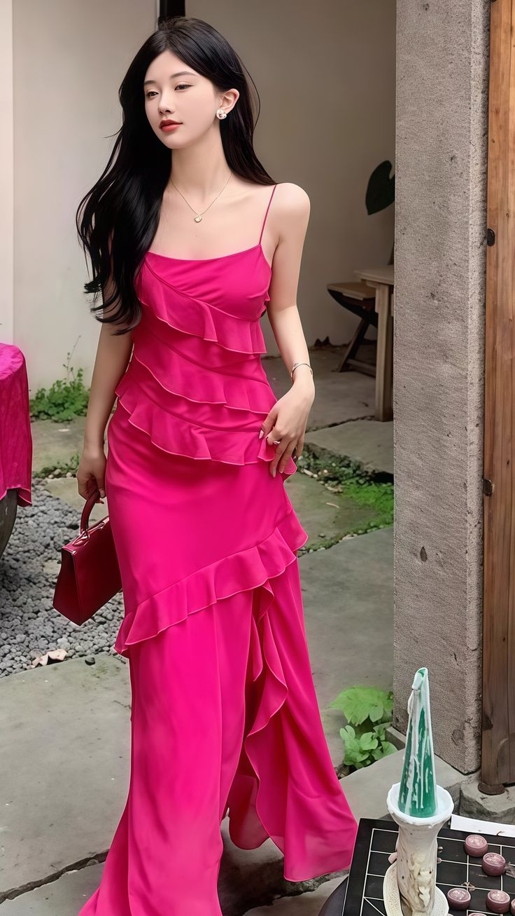 Pretty Hot Pink Ruffles Long Party Dress Chiffon Slit Prom Evenign Dress