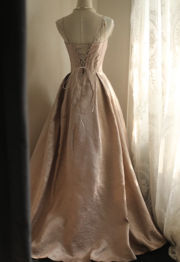 Beautiful Spaghetti Strap Pink Satin Floral A Line Long party Dress Birthday Prom Dress