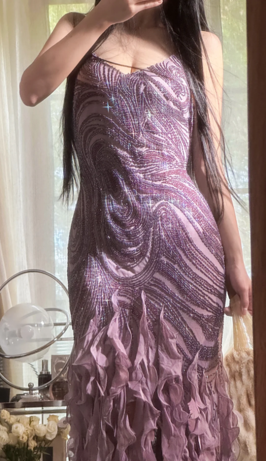 Vintage Purple Spaghetti Straps Chiffon Beaded Ruffles Mermaid Long Party Dress Birthday Prom Dress