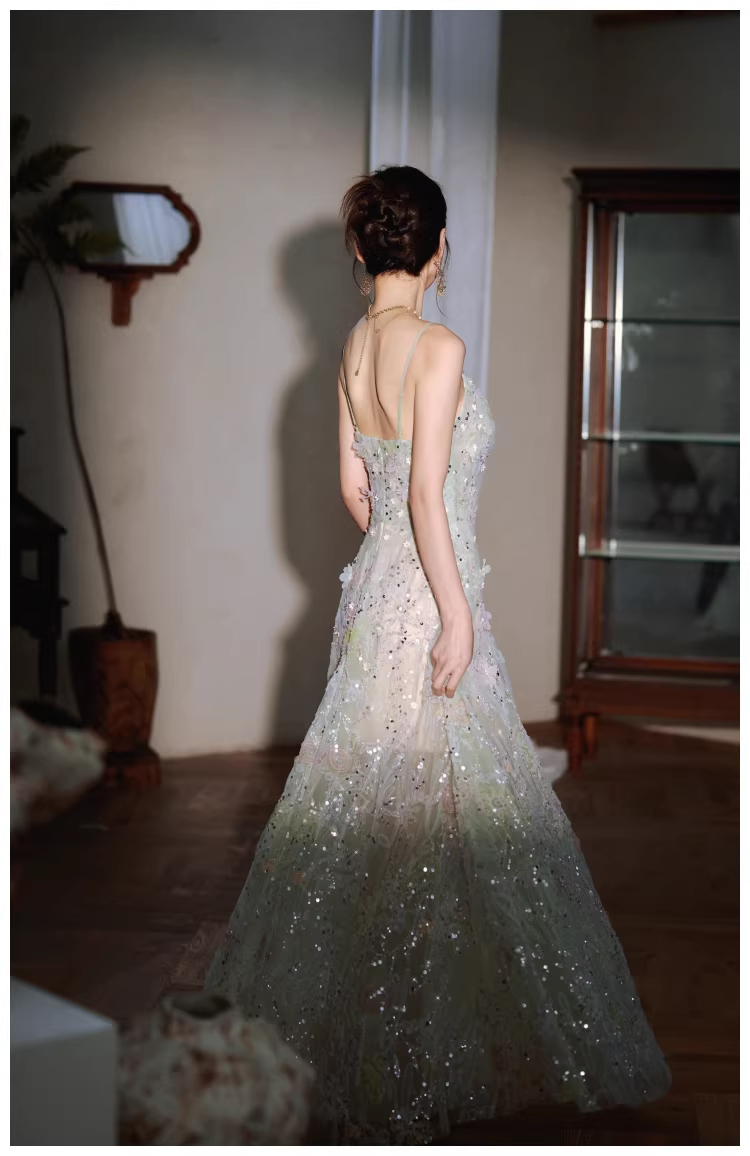 Pretty Spaghetti Straps Green Tulle Appliques A Line Long Birthday Prom Dress Evening Dress