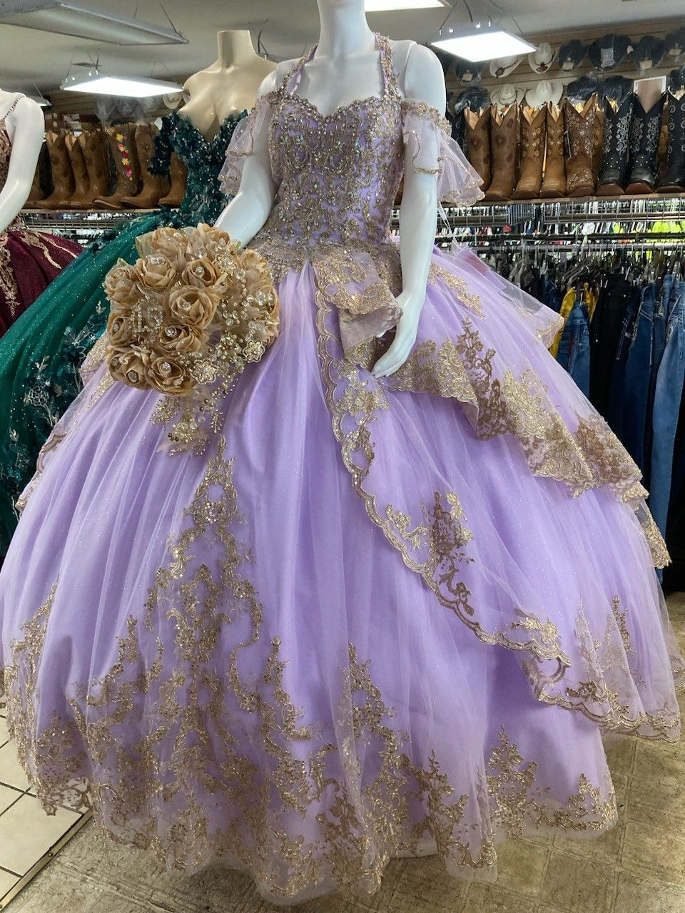 Lilac and Gold Lace Quinceanera Dress Ball Gown For Sweet 15 16