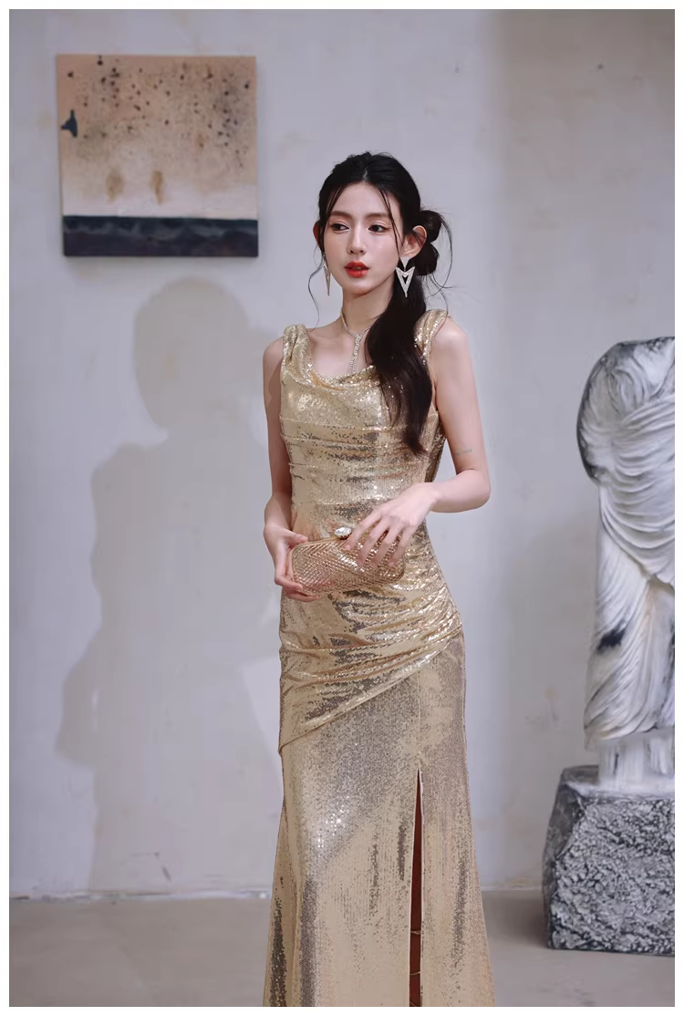 Fashion Gold Sleeveless Sequin Slit Mermaid Long Evening Dress Formal Wedding Guest Dress