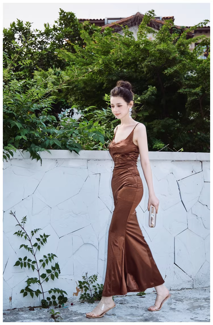 Stylish Spaghetti Straps Brown Satin Mermaid Long Evening Dress Formal Wedding Guest Dress