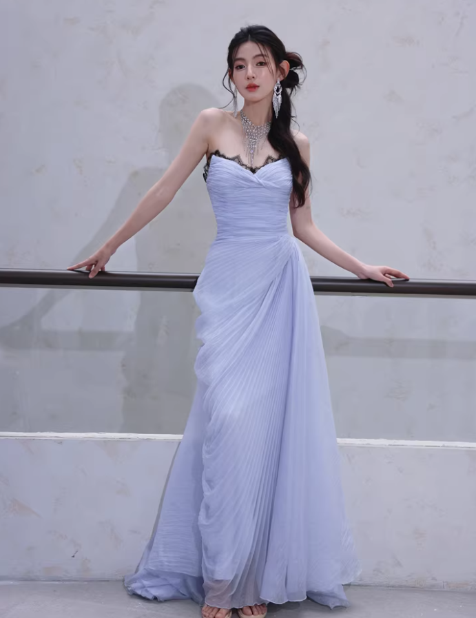 Classy Haze Blue Strapless Tulle Pleated Mermaid Long Party Dress Evening Gown