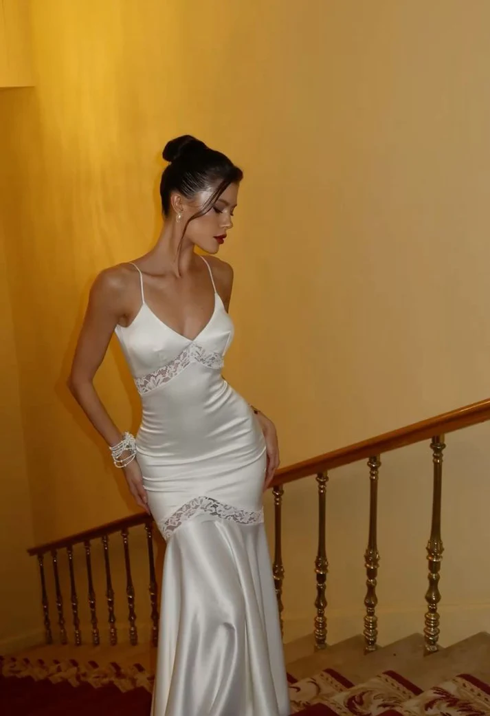 Elegant White Spaghetti Straps V Neck Satin Mermaid Long Party Dress Formal Wedding Guest Dress
