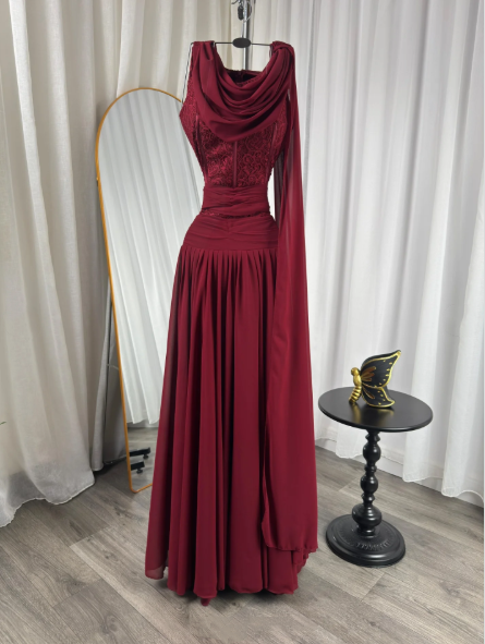 Classy Burgundy Chiffon Slit Mermaid Long Wedding Guest Dress Birthday Evening Dress