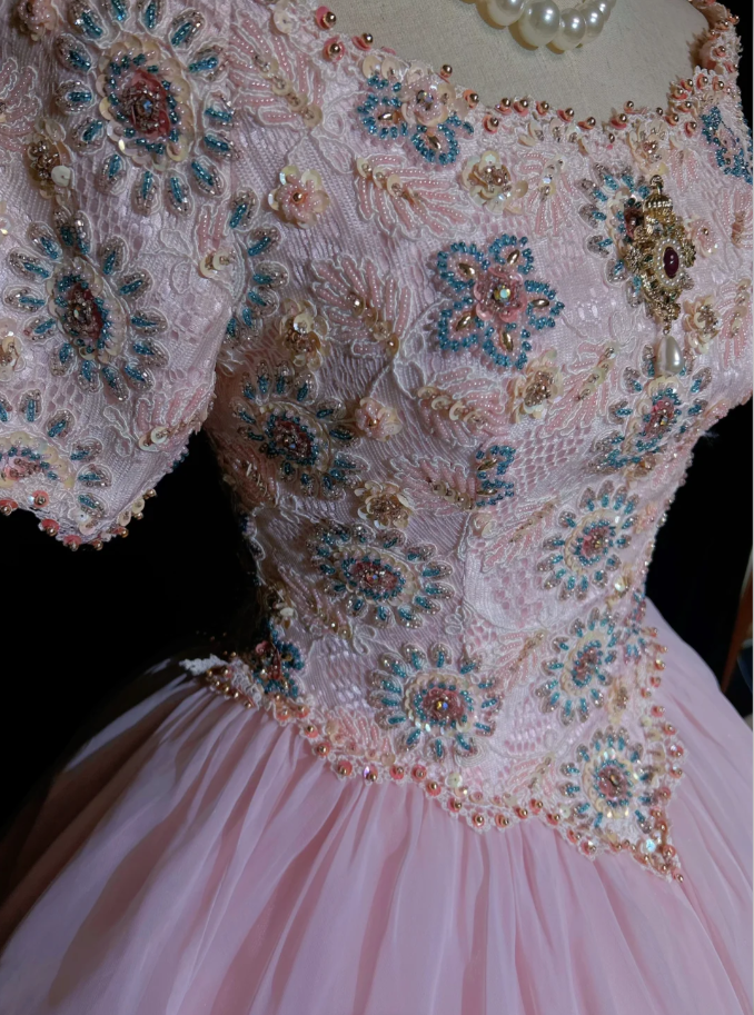 Charming Pink Tulle Lace Beaded Ball Gonn Long Birthady Evening Dress