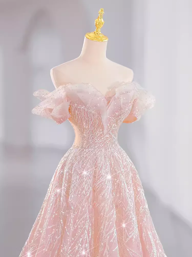 A line Off The Shoulder Pink Sequin Long Evening Dress Prom Dress