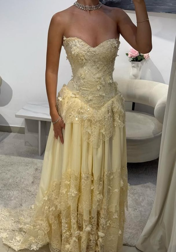 Yellow A Line Sweetheart Neck Long Prom Dress Evening Dress With Applique