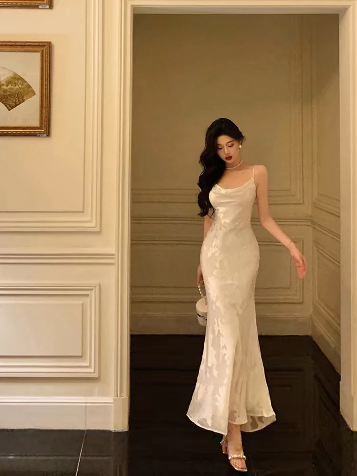Elegant Mermaid Floral Ivory Satin Prom Dress Spaghetti Straps Party Gown Birthday Outfit