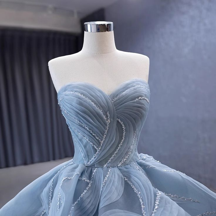 High-End Blue Beading Tulle Cascading Ruffles Prom Dress New Ball Gown