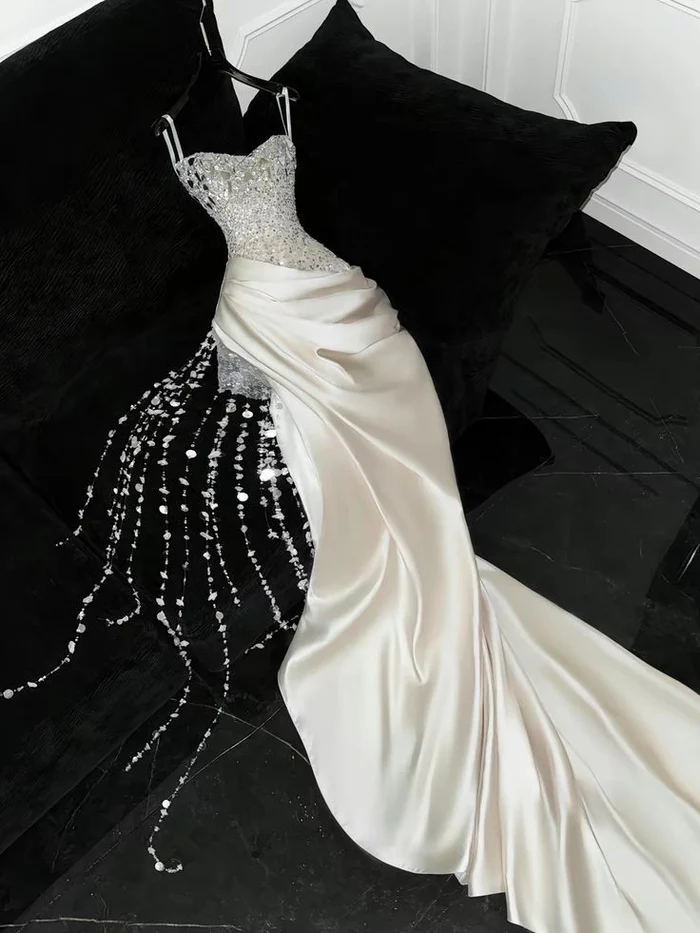 Ivory Beaded Long Prom Dress Sexy Evening Party Gown Birthday Dress