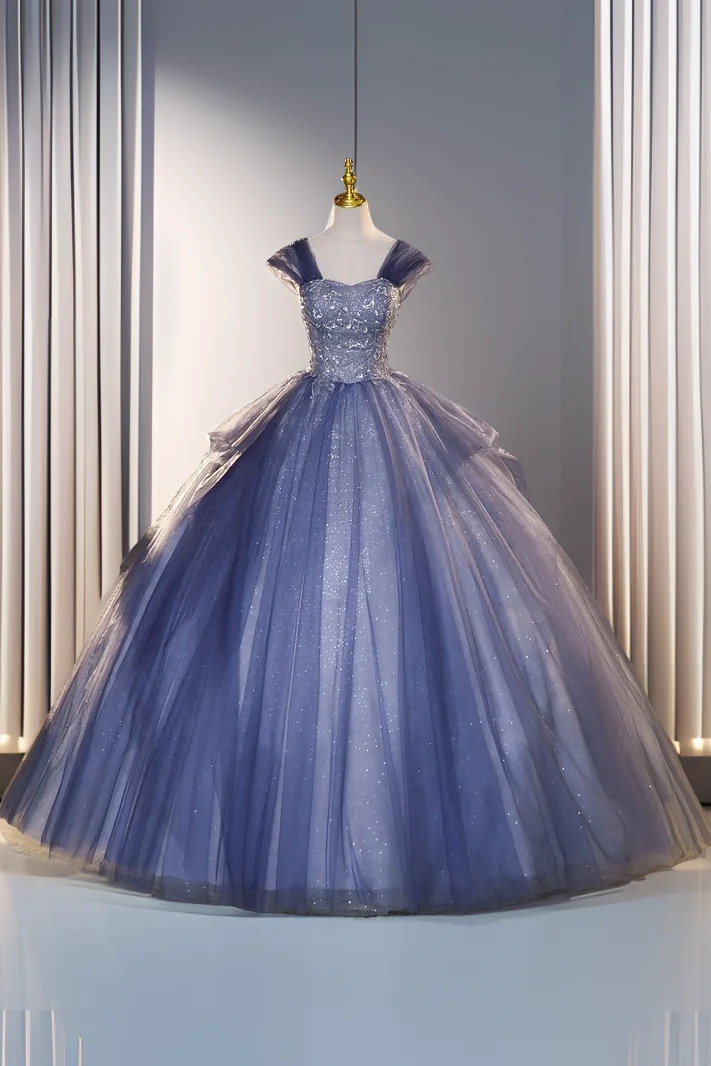 Blue Off The Shoulder Sequins Tulle Evening Dress Sweet 16 Dress