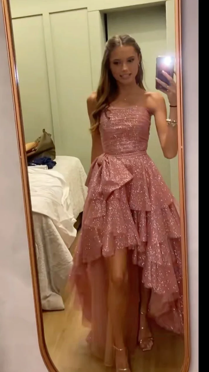Chic Pink High Low Strapless Long Prom Dress Sequin Layered Party Gown Evening Dress
