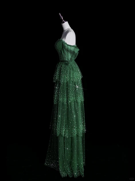 Sparkly Green Layers Tulle Prom Dress, Off The Shoulder A Line Long Party Dress