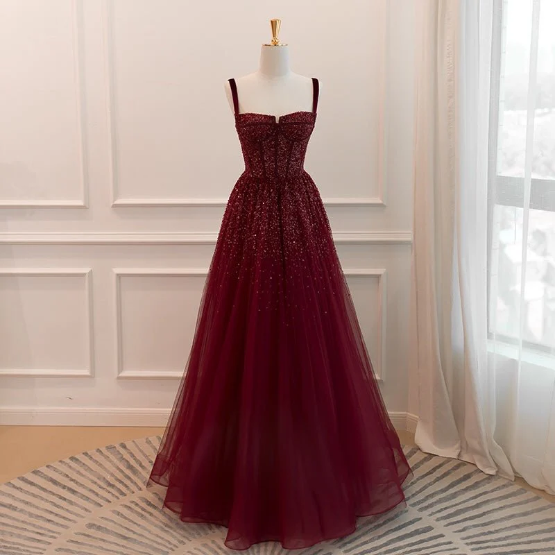 Burgundy Tulle Sequins A Line Ball Gown Glitter Party Evening Dress