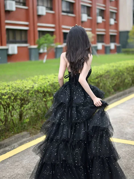 Glitter Black Tulle Layered Long Prom Dress Slit Fairy Ball Gown Party Dress