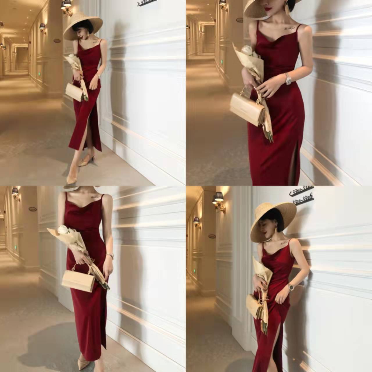 French Retro Sexy Swing Neck Sling Skirt Burgundy Prom Dress,Spaghetti Straps Classic Prom Dress