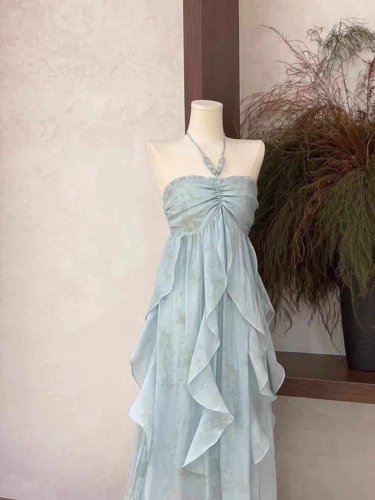 Cute Halter Ruffled Floral Prom Dress Blue Chiffon Long Vacation Dress