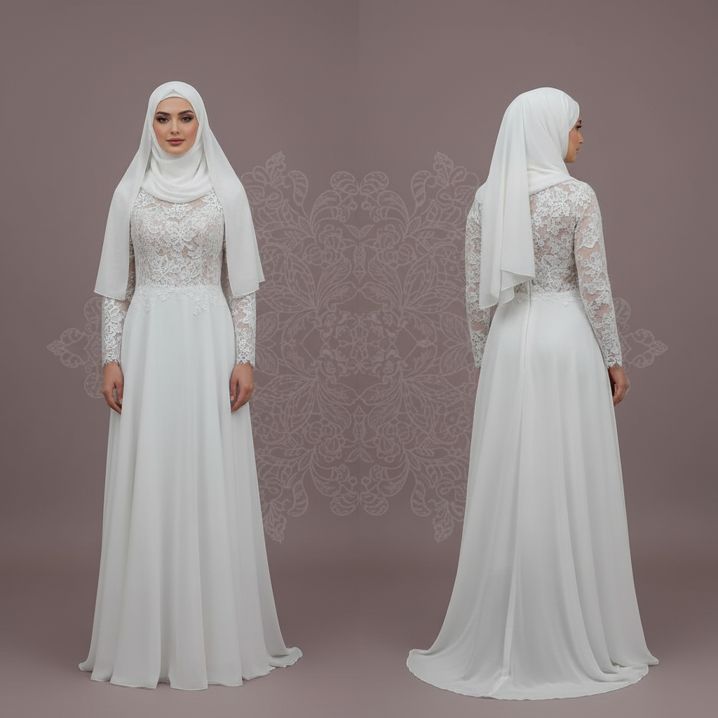 Custom Made Muslim Wedding Dress for Women with Floral Appliques and Long Sleeves WHITE
