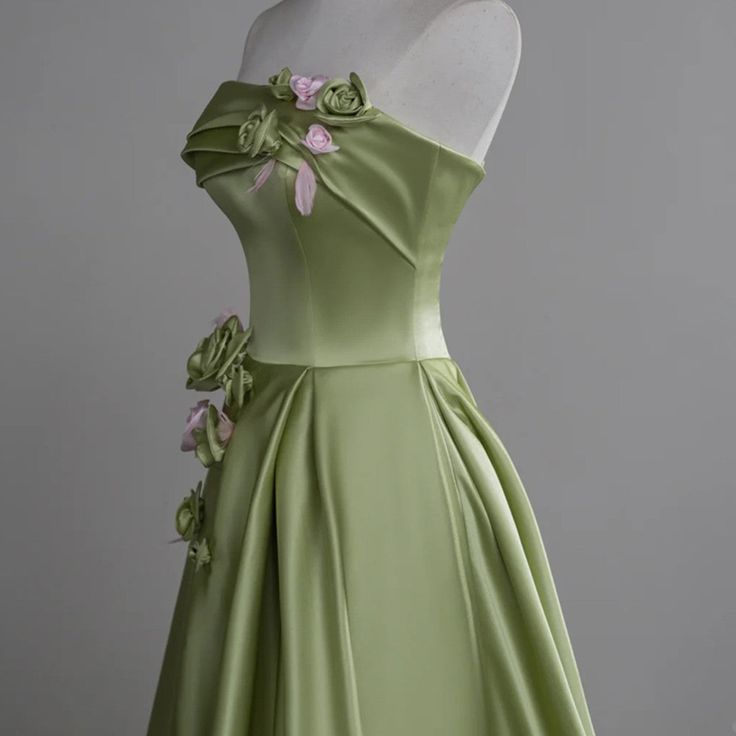Elegant Green Satin Party Dress With Flowers, Green Long Prom Dress