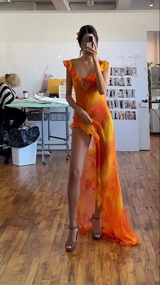 Elegant Chiffon Ruffles Slit Long Prom Dress Party Dress