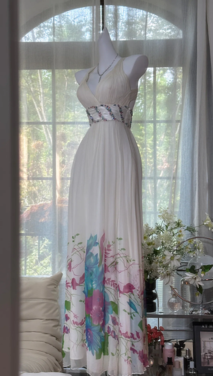 Chiffon Flower Printed Prom Party Dress 21st Birthday Outfit Evening Dress