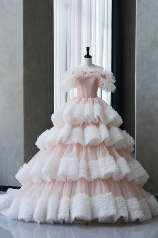 Classy Off The Shoulder Tulle Pleated Tiered Ball Gown Sweet Quinceanera Dress