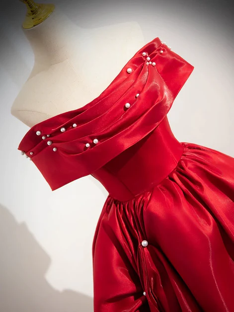 Red Satin Off Shoulder Long Prom Dress, Beautiful A Line Ball Gown