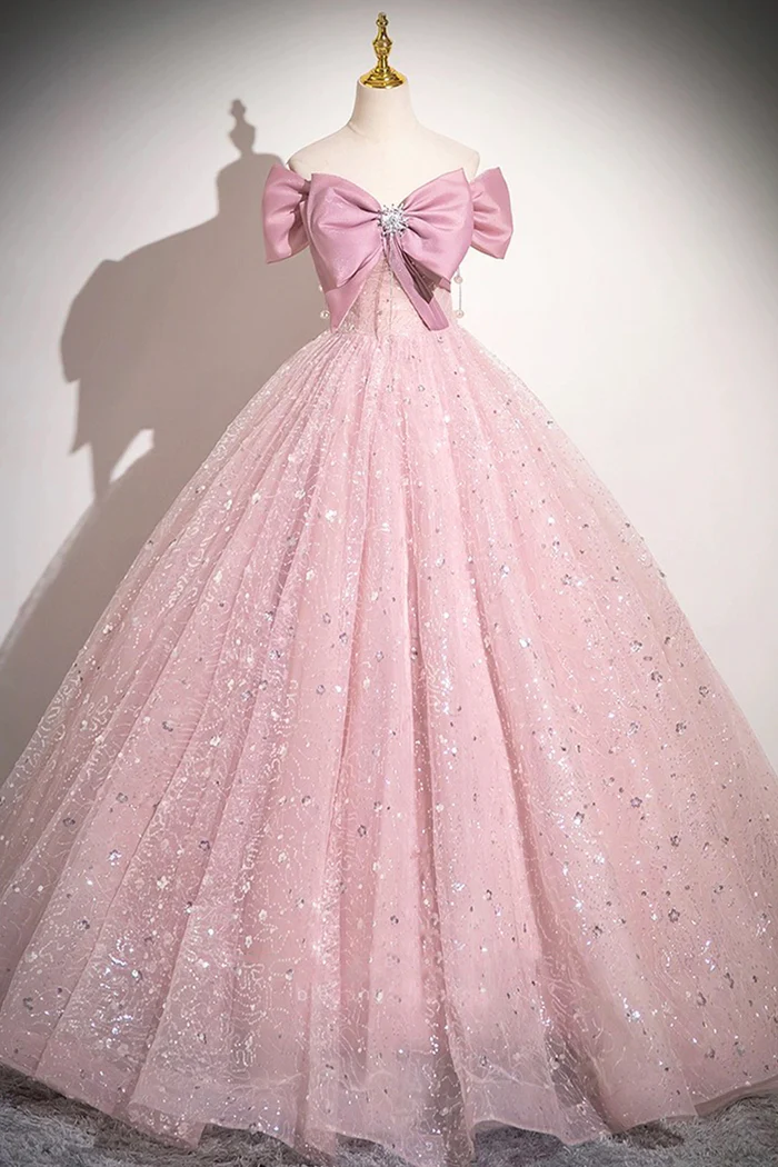 Cute Pink Tulle Sequins Long A-Line Ball Gown, Off Shoulder Sweet 16 Dress