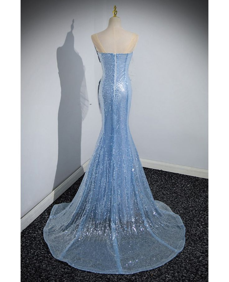 Stylish Mermaid Sequin Blue Scalloped Prom Dress Shiny Party Evening Dress