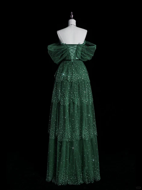 Sparkly Green Layers Tulle Prom Dress, Off The Shoulder A Line Long Party Dress