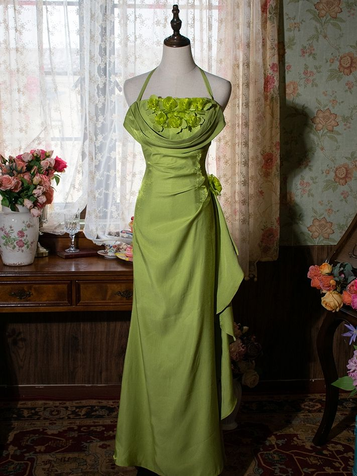 Green Halter Floral Prom Gown Vintage Party Dress Evening Dress