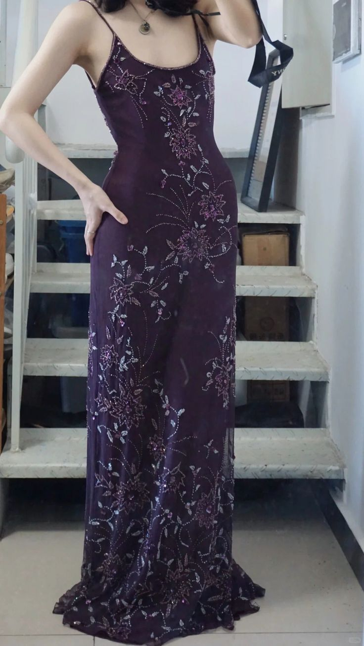 Beaded Purple Spaghetti Straps Long Prom Dress Sexy 21st Birthday Outfit