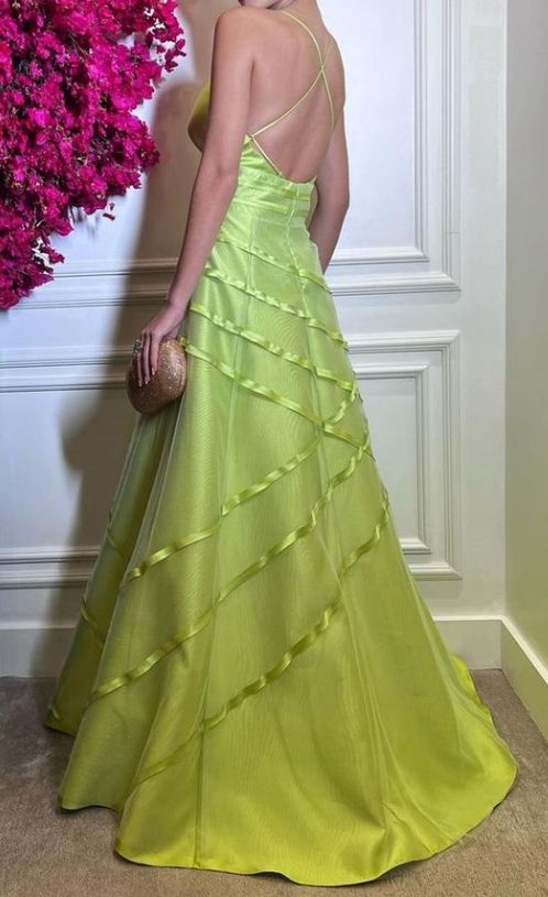 Sexy V Neck A Line Long Prom Dress Satin Backless Evening Dress Party Gown